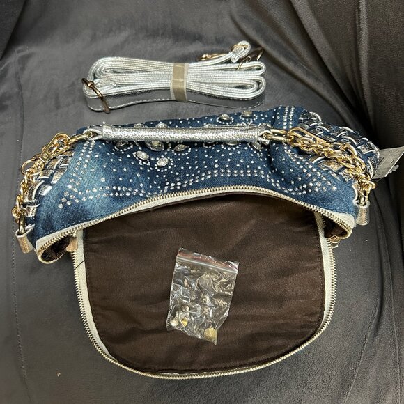 New Denim & Rhinestone Handbag, Silver Trim & Gold Tassels, w/Shoulder Strap NWT - Picture 4 of 5